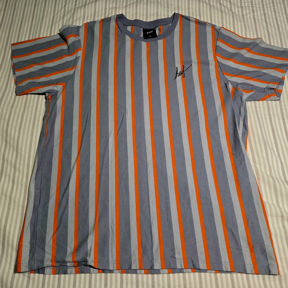 HUF Men's Striped Gray and Orange T-Shirt